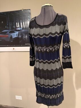Laundry By Shelli Segal Blue Black White Zigzag Knit Dress